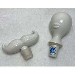 Jonathan Adler Mustache & Woman Mrs. Porcelain Wine Stopper Set Minimalist Gift